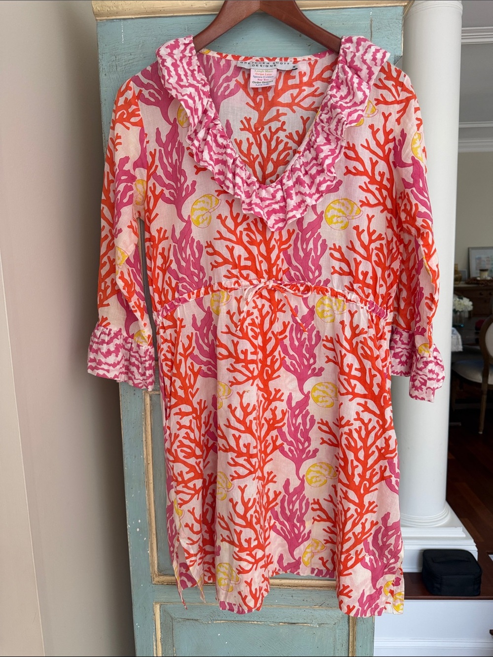 Gretchen Scott Coastal Grandmillennial Cotton Coral Ruffle Ruffneck Dress M